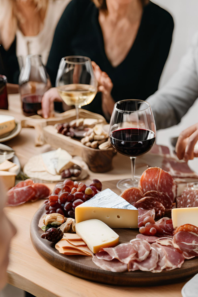 plateau de fromages et de charcuterie accompagné de verres de vin rouge